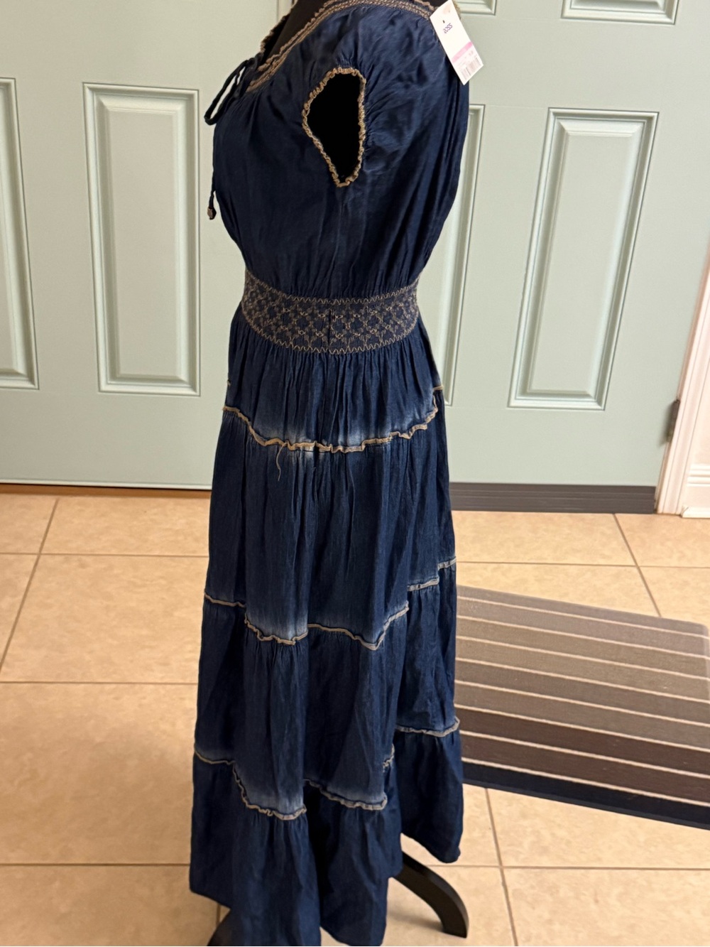 Smocked Waist Navy Blue Maxi Dress with Tie Neck - Picture 2 of 3